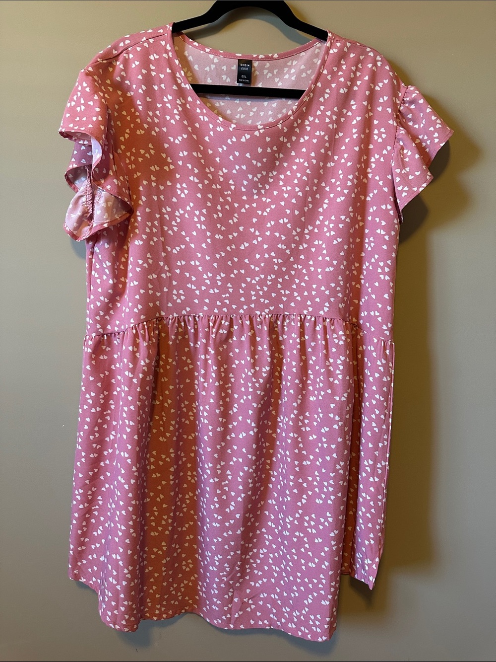 Girls' Pink Heart-Print Flutter Sleeve Dress